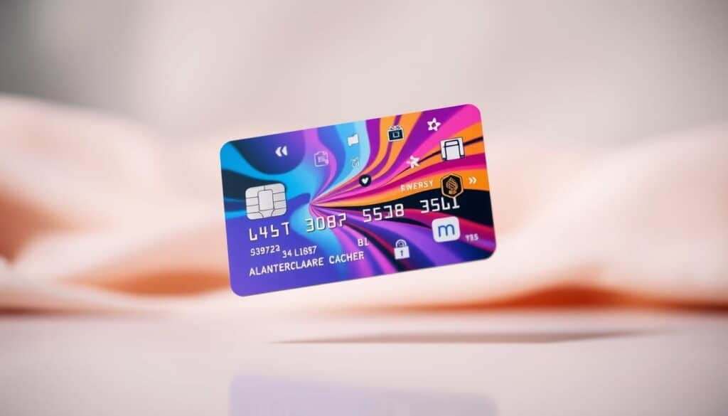 A sleek, modern credit card with a dynamic, vibrant design floating against a soft, blurred background. The card's surface reflects light, giving it a polished, premium feel. In the foreground, various icons and symbols representing promotional offers, discounts, and rewards programs are arranged in a visually striking layout. The overall composition conveys a sense of exclusivity, financial flexibility, and the potential to unlock valuable perks through responsible credit card usage.