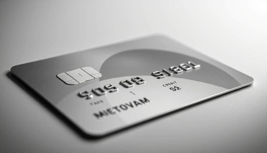 A sleek, modern credit card with a focus on security features. The card is depicted in a high-resolution, close-up view, showcasing the embossed logo, metallic trim, and discreet security elements such as microprint and holographic strips. The lighting is soft and directional, creating a sense of depth and emphasizing the card's tactile qualities. The background is a minimalist, monochromatic palette, drawing the viewer's attention to the card itself and its protective mechanisms. The overall impression is one of sophistication, reliability, and the assurance of safeguarding personal financial information.