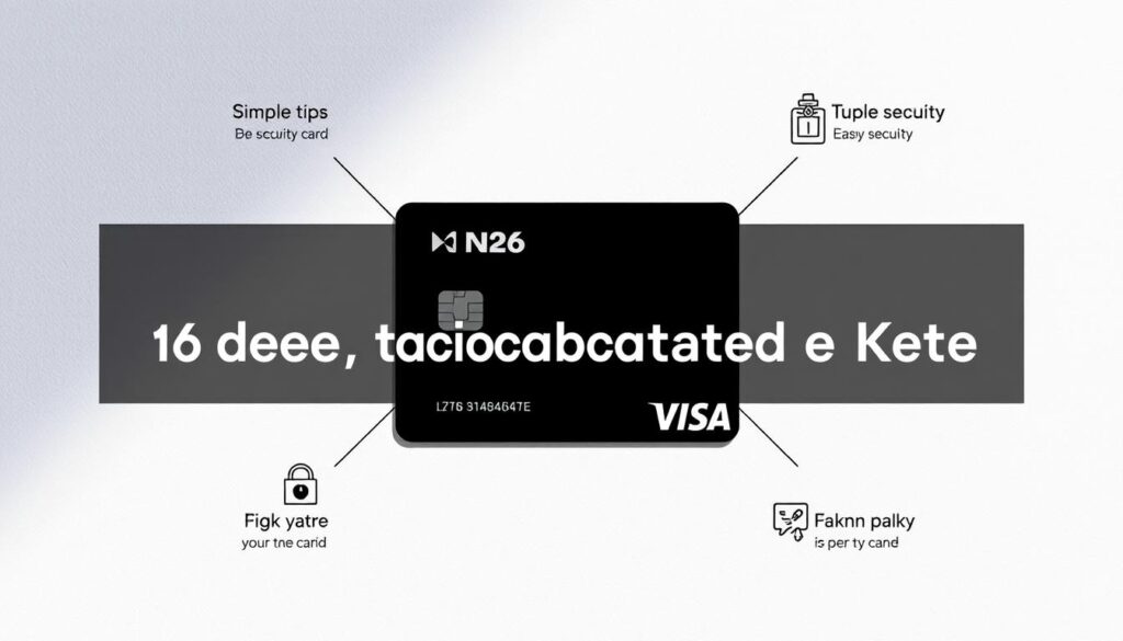 A sleek, modern credit card with the N26 logo prominently displayed, surrounded by a series of simple, easy-to-understand security tips represented through clean, minimalist icons and illustrations. The card is set against a soft, neutral background with subtle textures and gradients, creating a sense of sophistication and attention to detail. The overall composition conveys a message of secure, hassle-free banking with the N26 Standardkarte.