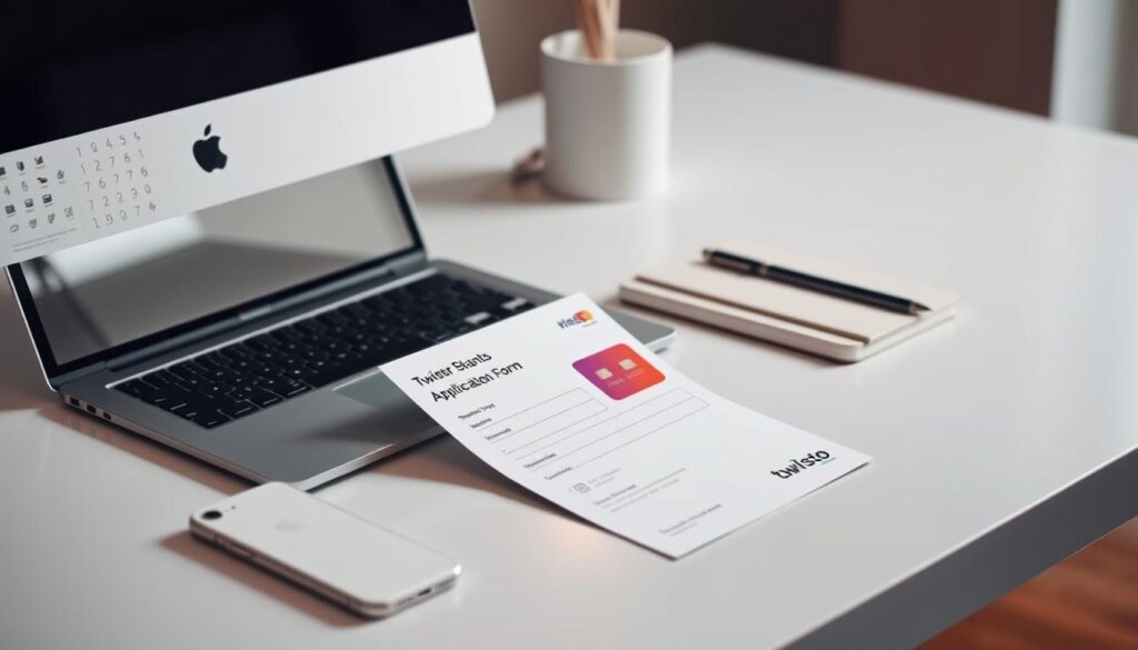 A sleek, modern desktop workspace with a laptop computer, a stylish white smartphone, and a credit card application form prominently displayed. The lighting is soft and diffuse, creating a warm, inviting atmosphere. The composition is balanced, with the application form taking center stage, surrounded by elegant office supplies and a minimalist aesthetic. The overall mood is one of professionalism and efficiency, suggesting an easy and straightforward process for requesting a Twisto card online.