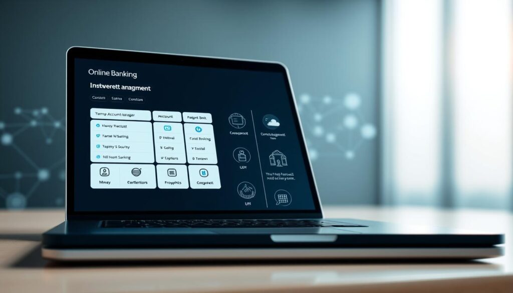 A sleek, modern digital banking interface with a clean, minimalist design. In the foreground, a laptop or tablet screen displays various online banking options such as account management, money transfers, and bill payments. The middle ground features intuitive icons and infographics highlighting the convenience and security of this digital banking experience. In the background, a subtle pattern or abstract visual motif evokes a sense of technology, connectivity, and financial stability. The lighting is soft and diffused, creating a calm, professional atmosphere. The overall composition conveys the seamless, user-friendly nature of "интернет банкиране" - online banking that empowers users to manage their finances efficiently and securely.