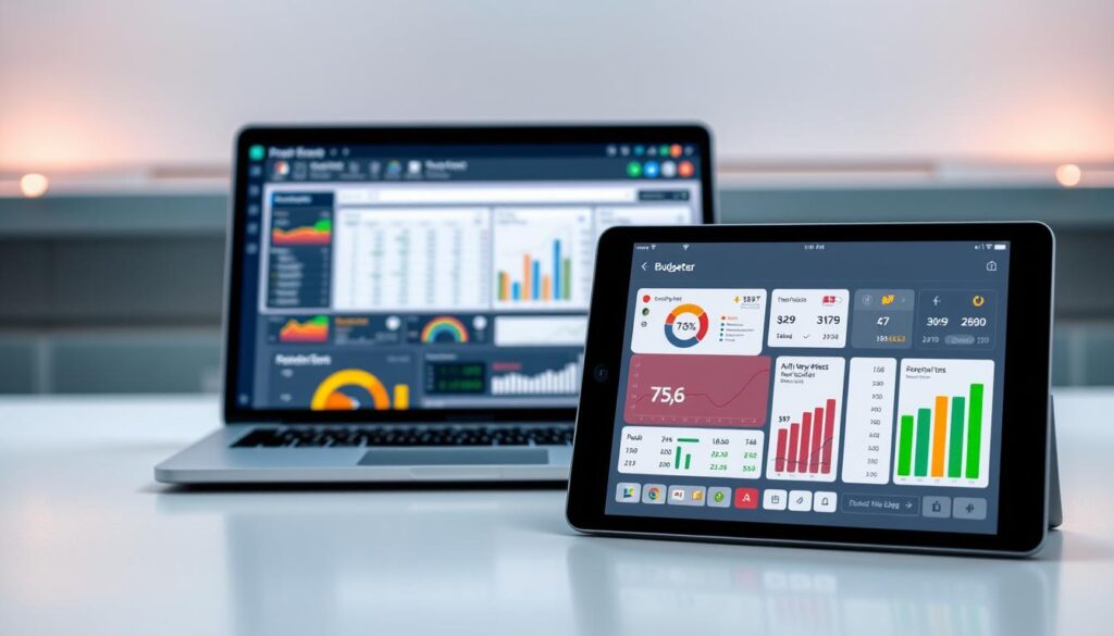 A sleek, modern digital dashboard displaying a variety of financial tools for budgeting. In the foreground, a tablet or smartphone screen showcases a clean, intuitive interface with colorful graphs, charts, and interactive financial calculators. The middle ground features a laptop or desktop computer with spreadsheet software open, highlighting the integration of digital tools for comprehensive budget management. The background is a minimalist, tech-inspired setting with subtle hints of warm lighting and clean lines, conveying a sense of efficiency and organization. The overall scene exudes a calm, professional atmosphere, reflecting the utility and accessibility of these digital budgeting solutions.