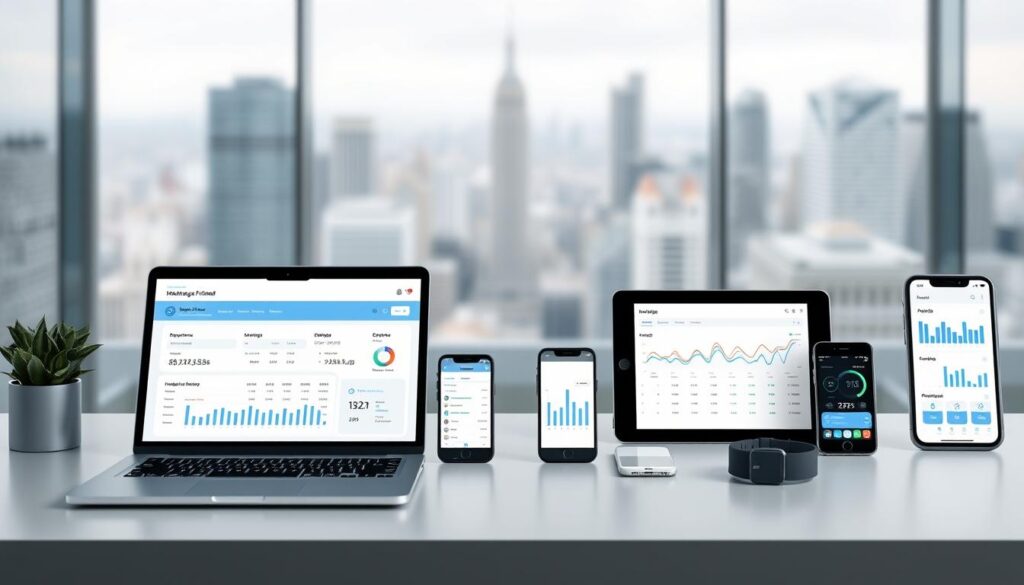A sleek, modern digital workspace showcasing various financial management tools. In the foreground, a laptop display presents a clean, intuitive interface for budgeting, expense tracking, and investment portfolio management. Surrounding it, an array of mobile devices, tablets, and wearable tech accessories provide seamless access to personal finance data and analytics. In the middle ground, a minimalist desk setup with a subtle color palette of greys, blues, and whites creates a calming, focused environment. The background features a blurred cityscape, hinting at the interconnected, global nature of modern finance. Soft, even lighting from above casts a professional, yet approachable glow over the scene, emphasizing the digital, versatile nature of these financial management instruments. A sleek, modern digital workspace showcasing various financial management tools. In the foreground, a laptop display presents a clean, intuitive interface for budgeting, expense tracking, and investment portfolio management. Surrounding it, an array of mobile devices, tablets, and wearable tech accessories provide seamless access to personal finance data and analytics. In the middle ground, a minimalist desk setup with a subtle color palette of greys, blues, and whites creates a calming, focused environment. The background features a blurred cityscape, hinting at the interconnected, global nature of modern finance. Soft, even lighting from above casts a professional, yet approachable glow over the scene, emphasizing the digital, versatile nature of these financial management instruments.