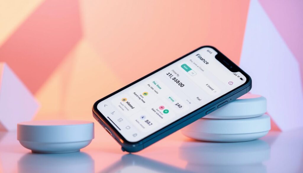 A sleek, modern finance app displayed on a minimalist smartphone screen, set against a soft, out-of-focus background of pastel geometric shapes. The app's interface features clean typography, intuitive icons, and smooth animations, conveying a sense of digital organization and control over personal finances. Warm, diffused lighting illuminates the scene, creating a calming, professional atmosphere. The overall composition emphasizes the app's user-friendly design and its ability to streamline and simplify financial management tasks.
