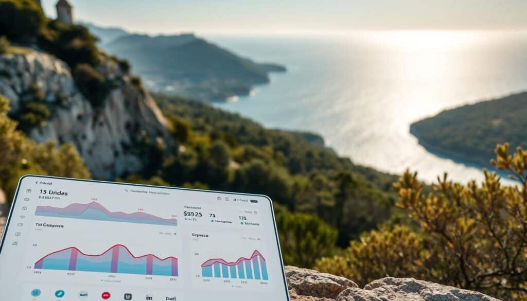 A sleek, modern financial application interface set against the backdrop of the Croatian landscape. In the foreground, a clean, minimalist dashboard displays colorful graphs and charts tracking income and expenses. The middle ground features an intuitive menu system with icons and smooth animations, inviting the user to explore the app's features. In the background, a panoramic view of seaside cliffs, lush forests, and the shimmering Adriatic Sea, conveying a sense of balance and tranquility. Warm, natural lighting casts a gentle glow over the scene, creating a welcoming and trustworthy atmosphere. The overall composition is designed to be visually appealing, functional, and reflective of Croatia's financial tools and methods for monitoring financial stability.