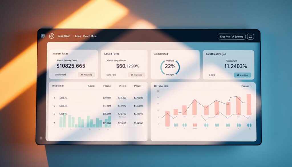 A sleek, modern financial dashboard displaying a side-by-side comparison of loan offers, with clean graphs and charts showcasing interest rates, annual percentage rates (APR), and total cost of borrowing (TCB). The interface is bathed in a soft, warm lighting that casts subtle shadows, creating depth and a sense of professionalism. The layout is intuitive and easy to navigate, allowing the user to quickly assess and evaluate the most favorable loan options. The overall tone is one of informed decision-making, empowering the viewer to make the best financial choice for their needs.