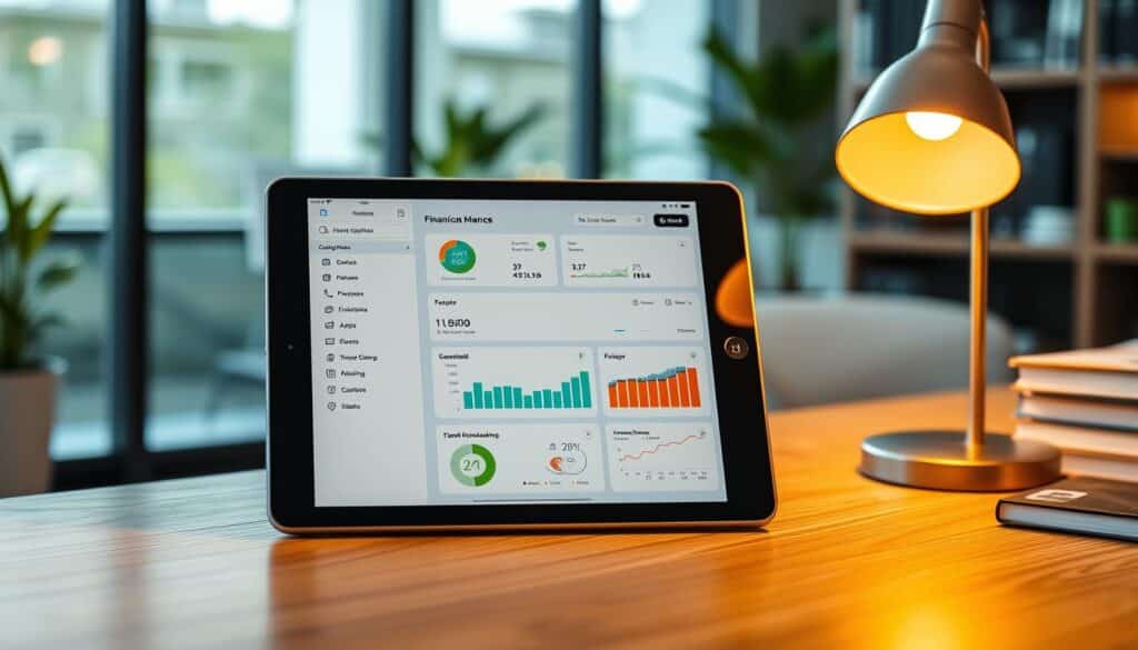 A sleek, modern finančne aplikacije interface displayed on a high-resolution tablet device. The screen shows a clean, minimalist design with intuitive navigation menus, colorful charts and graphs, and financial data visualizations. The device is positioned on a minimalist wooden desk, with a simple desk lamp providing warm, directional lighting. The background is a blurred, modern office setting, with hints of natural light and greenery peeking through the windows. The overall mood is one of efficiency, organization, and technological empowerment for personal finance management.