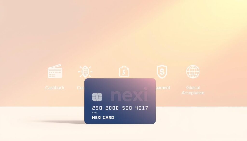 A sleek, modern illustration showcasing the key benefits of the Nexi Card. In the foreground, a stylized icon or graphic representation of the card itself, capturing its minimalist design and premium aesthetic. In the middle ground, three to four concise, impactful icons or symbols denoting the main advantages, such as cashback, contactless payments, and global acceptance. The background features a clean, gradient-based color scheme, with subtle textures or geometric patterns to create a sense of sophistication and financial security. Soft, directional lighting casts a warm, inviting glow across the scene, creating a premium, high-end feel. The overall composition should be balanced, visually striking, and immediately convey the core value proposition of the Nexi Card to prospective cardholders. A sleek, modern illustration showcasing the key benefits of the Nexi Card. In the foreground, a stylized icon or graphic representation of the card itself, capturing its minimalist design and premium aesthetic. In the middle ground, three to four concise, impactful icons or symbols denoting the main advantages, such as cashback, contactless payments, and global acceptance. The background features a clean, gradient-based color scheme, with subtle textures or geometric patterns to create a sense of sophistication and financial security. Soft, directional lighting casts a warm, inviting glow across the scene, creating a premium, high-end feel. The overall composition should be balanced, visually striking, and immediately convey the core value proposition of the Nexi Card to prospective cardholders.