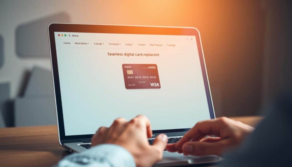 A sleek, modern laptop screen displays an online banking interface, with a credit card prominently featured. The user's hands reach towards the screen, ready to initiate a seamless digital card replacement process. The scene is bathed in a warm, soft light, conveying a sense of ease and efficiency. The background features muted, blurred shapes suggesting an office or home environment, keeping the focus on the central action. The overall mood is one of simplicity and technological sophistication, reflecting the convenience and advantages of online card management.
