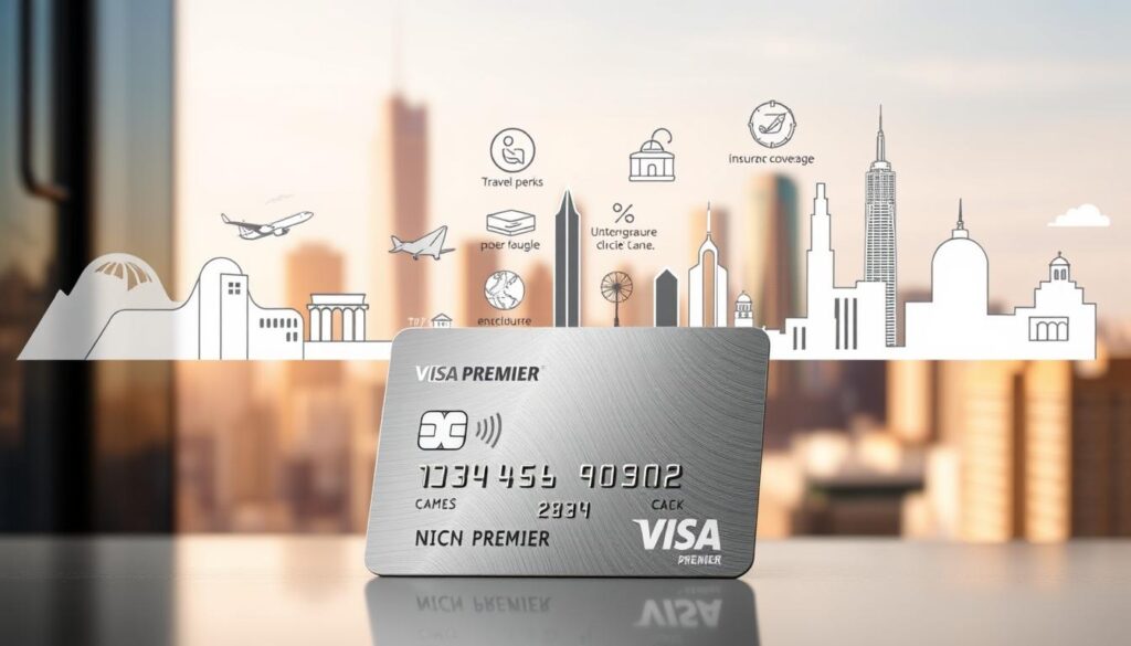 A sleek, modern-looking credit card prominently displayed in the foreground, its metallic texture and embossed Visa Premier logo gleaming under bright, evenly-diffused lighting. In the middle ground, a dynamic, minimalist illustration showcasing various credit card benefits like travel perks, insurance coverage, and exclusive discounts, all in a cohesive, visually-appealing style. The background features a soft, blurred cityscape with skyscrapers and landmarks, conveying a sense of sophistication and urban affluence. The overall composition and color palette create a premium, aspirational feel that effectively communicates the advantages of the Visa Premier card. A sleek, modern-looking credit card prominently displayed in the foreground, its metallic texture and embossed Visa Premier logo gleaming under bright, evenly-diffused lighting. In the middle ground, a dynamic, minimalist illustration showcasing various credit card benefits like travel perks, insurance coverage, and exclusive discounts, all in a cohesive, visually-appealing style. The background features a soft, blurred cityscape with skyscrapers and landmarks, conveying a sense of sophistication and urban affluence. The overall composition and color palette create a premium, aspirational feel that effectively communicates the advantages of the Visa Premier card.