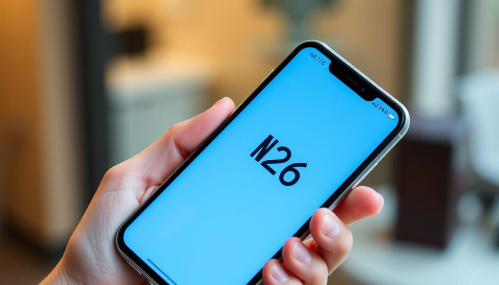 A sleek, modern-looking smartphone held in a hand, its screen displaying a contactless payment confirmation for N26, the mobile banking app. The hand is well-lit, with a soft, diffused light highlighting the device's smooth, minimalist design. The background is slightly blurred, creating a sense of depth and focus on the central subject. The overall scene conveys a sense of convenience, security, and digital finance in a clean, minimalist aesthetic that aligns with the N26 brand.