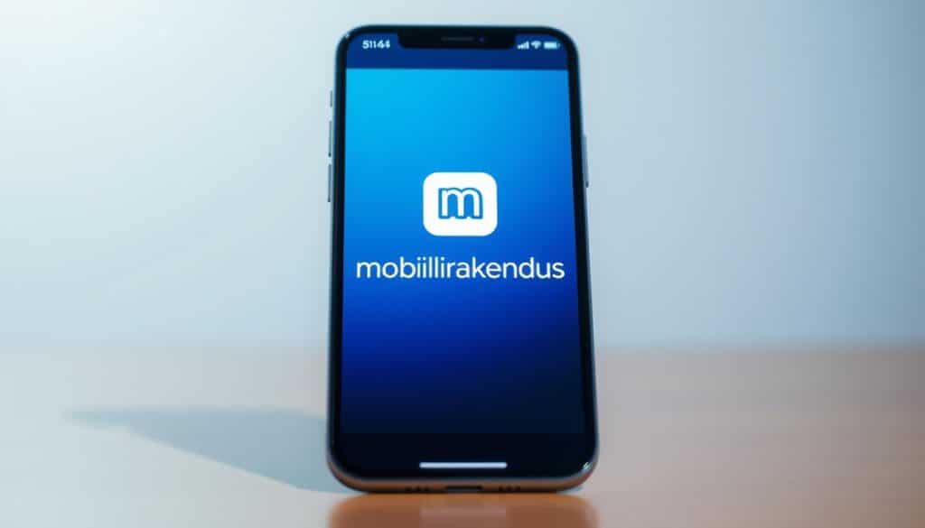 A sleek, modern mobile app interface with a clean, intuitive design. Set against a soft, blurred background that evokes a sense of professionalism and sophistication. The app's icon and name, "mobiilirakendus", are prominently displayed in the center, rendered in a bold, legible typeface. The overall layout is balanced and visually appealing, with well-spaced UI elements and a subtle color scheme that promotes usability and accessibility. Subtle lighting and reflections add depth and a touch of elegance to the scene. The image conveys a sense of user-friendliness, security, and a premium digital experience.