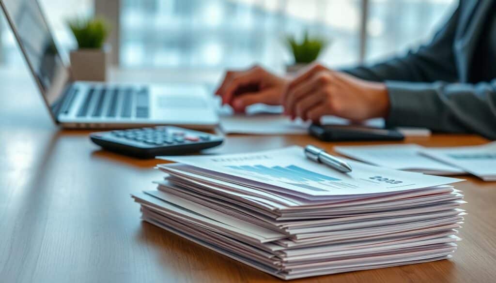 A sleek, modern office desk with a laptop, a pen, and a calculator neatly arranged. In the foreground, various financial documents and bills are stacked, representing the burden of debt. The middle ground features a person's hands diligently working through the paperwork, symbolizing the process of debt management. The background is blurred, creating a sense of focus and concentration on the task at hand. The lighting is soft and warm, conveying a calm and productive atmosphere. The overall composition suggests a methodical and deliberate approach to effectively managing credit card debt.