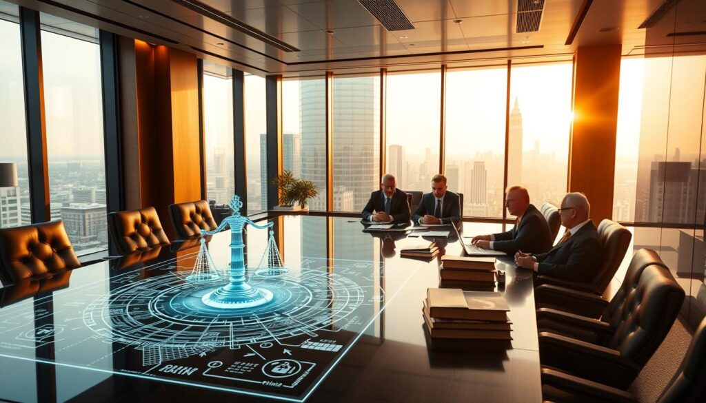 A sleek, modern office interior with floor-to-ceiling windows overlooking a cityscape. In the foreground, a large conference table with a holographic display showcasing the intricacies of a virtual asset legal framework. Leather-bound books and sleek technology adorn the space, creating an atmosphere of professional authority. Warm lighting casts a soft glow, highlighting the detailed architectural elements and the focused expressions of the executives gathered around the table, deep in discussion about the future of digital currency regulations. The scene conveys a sense of gravity and importance, reflecting the complex and evolving legal landscape surrounding virtual assets.