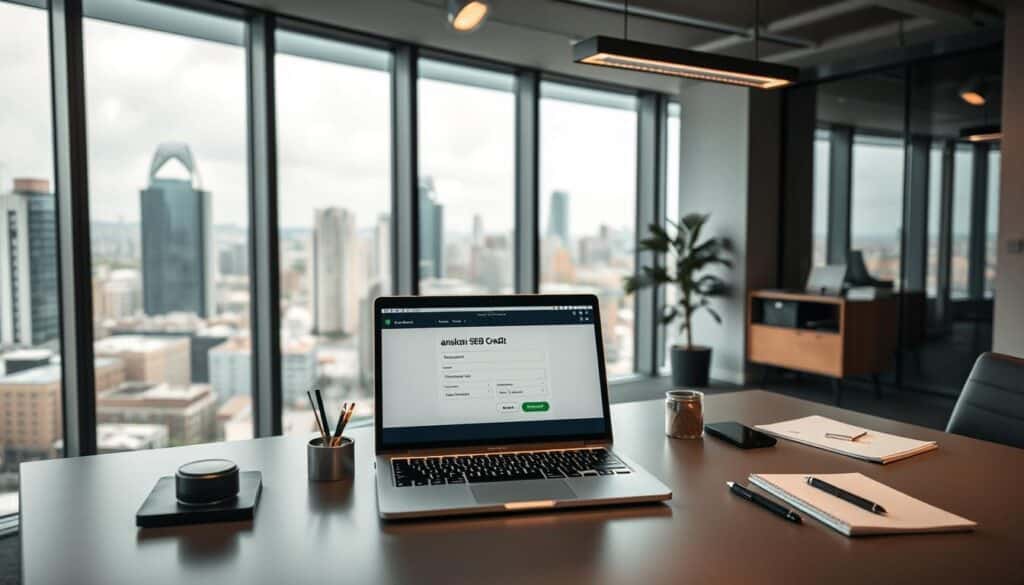 A sleek, modern office interior with large windows overlooking a bustling city skyline. On a well-organized desk, a laptop displays an open application form titled "ansökan SEB Credit". The desktop is clean and minimal, with a few strategically placed office supplies. Warm, directional lighting from overhead fixtures casts a professional ambiance, while the color palette features muted tones of gray, black, and white, complemented by touches of wood and metal accents. The overall scene conveys a sense of efficiency, attention to detail, and the seamless application process for SEB Credit in Spain.