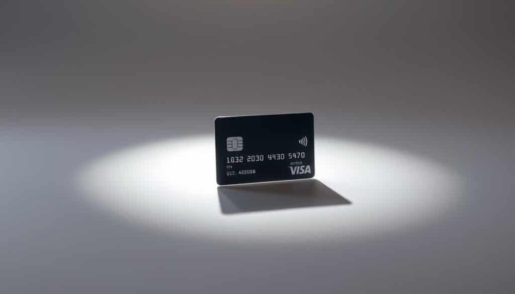 A sleek, modern pangakaitse krediitkaart, its surface reflecting a soft, ambient light. The card is centered in the frame, casting a subtle shadow against a minimalist background of muted tones. The design is clean and sophisticated, with subtle textures and a minimalist logo discreetly placed. The lighting creates a sense of depth, emphasizing the card's materiality and premium feel. The overall composition conveys a sense of security, reliability, and the high-quality services associated with a reputable banking institution.