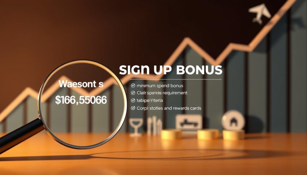 A sleek, modern sign-up bonus offer displayed against a backdrop of a stylized, angular financial chart. The foreground features a magnifying glass highlighting the key details - an enticing sign-up bonus amount, clear minimum spend requirement, and concise eligibility criteria. The middle ground showcases elegant icons representing travel, dining, and streaming services, hinting at the card's rewards program. The background has a subtle gradient, creating a sense of depth and sophistication. Warm, directional lighting casts dynamic shadows, emphasizing the dimensional quality of the scene. The overall mood is one of clarity, enticement, and financial confidence. A sleek, modern sign-up bonus offer displayed against a backdrop of a stylized, angular financial chart. The foreground features a magnifying glass highlighting the key details - an enticing sign-up bonus amount, clear minimum spend requirement, and concise eligibility criteria. The middle ground showcases elegant icons representing travel, dining, and streaming services, hinting at the card's rewards program. The background has a subtle gradient, creating a sense of depth and sophistication. Warm, directional lighting casts dynamic shadows, emphasizing the dimensional quality of the scene. The overall mood is one of clarity, enticement, and financial confidence.
