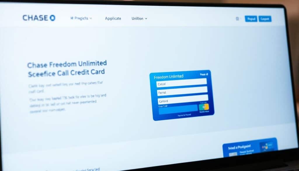 A sleek, modern web interface featuring a prominent Chase Freedom Unlimited credit card application form. The layout is clean and visually appealing, with a balanced composition of key details and intuitive user interface elements. The background has a soft, gradient-based color scheme that evokes a sense of trust and professionalism. Carefully positioned graphics and icons complement the overall design, guiding the user through the online application process. Subtle lighting creates depth and highlights the application form, drawing the viewer's attention to the central focus of the image. The camera angle is slightly elevated, providing an optimal perspective to showcase the online experience. A sleek, modern web interface featuring a prominent Chase Freedom Unlimited credit card application form. The layout is clean and visually appealing, with a balanced composition of key details and intuitive user interface elements. The background has a soft, gradient-based color scheme that evokes a sense of trust and professionalism. Carefully positioned graphics and icons complement the overall design, guiding the user through the online application process. Subtle lighting creates depth and highlights the application form, drawing the viewer's attention to the central focus of the image. The camera angle is slightly elevated, providing an optimal perspective to showcase the online experience.