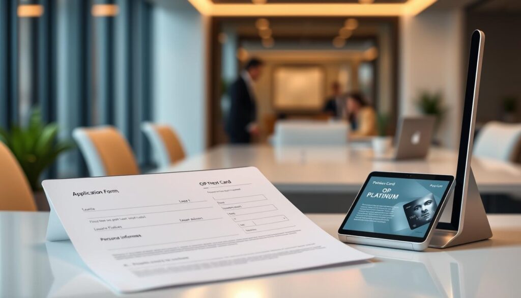 A sleek, sophisticated credit card application form presented on a clean, minimalist desk. The form is displayed on a modern, high-resolution display, with a brushed metal frame and subtle backlighting, creating a premium, high-tech atmosphere. The foreground focuses on the application details, showcasing the card's features and the required personal information fields. In the middle ground, a smart device, such as a tablet or smartphone, displays additional details about the OP Platinum card, while the background features a blurred, professional office setting, hinting at the corporate context. The overall scene conveys a sense of efficiency, elegance, and the ease of the application process. A sleek, sophisticated credit card application form presented on a clean, minimalist desk. The form is displayed on a modern, high-resolution display, with a brushed metal frame and subtle backlighting, creating a premium, high-tech atmosphere. The foreground focuses on the application details, showcasing the card's features and the required personal information fields. In the middle ground, a smart device, such as a tablet or smartphone, displays additional details about the OP Platinum card, while the background features a blurred, professional office setting, hinting at the corporate context. The overall scene conveys a sense of efficiency, elegance, and the ease of the application process.