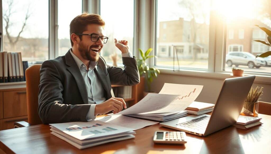 A small business owner enthusiastically reviews financial documents and investment options in a cozy, well-lit office. Sunlight streams through large windows, casting a warm glow over the scene. On the desk, a laptop displays charts and graphs, while stacks of paperwork and a calculator suggest deep contemplation of investment strategies. The business owner, dressed professionally, appears focused and determined, symbolizing the spirit of entrepreneurship and the pursuit of financial growth. The overall mood is one of optimism, opportunity, and the confidence to take calculated risks in building a successful small enterprise.