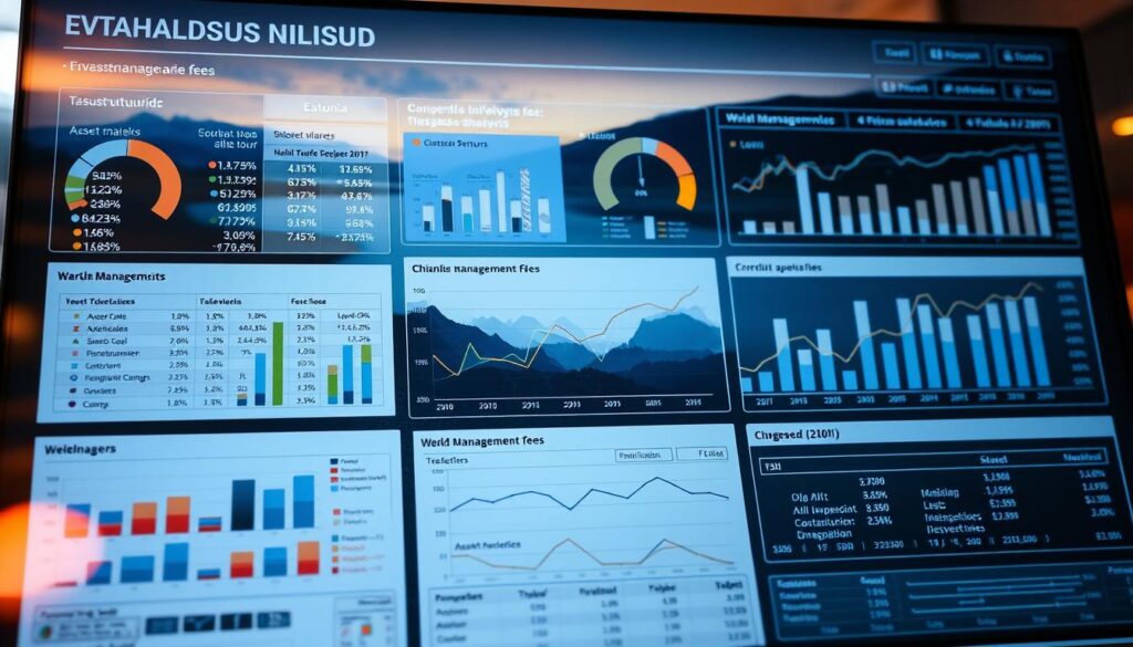 A sophisticated financial analysis dashboard displays detailed varahaldusmaksud (wealth management fees) data. The foreground showcases various fee structures and tasustruktuurid (payment structures) for different investment products. In the middle ground, elegant charts and graphs illustrate the complex relationships between asset classes, risk profiles, and associated charges. The background features a serene Estonian landscape, hinting at the tranquility and stability of the nation's financial landscape. Warm lighting and a polished, professional aesthetic convey the gravity and importance of this crucial topic in Estonian finance. The overall composition strikes a balance between informative clarity and visual appeal, creating an impactful illustration for the article.