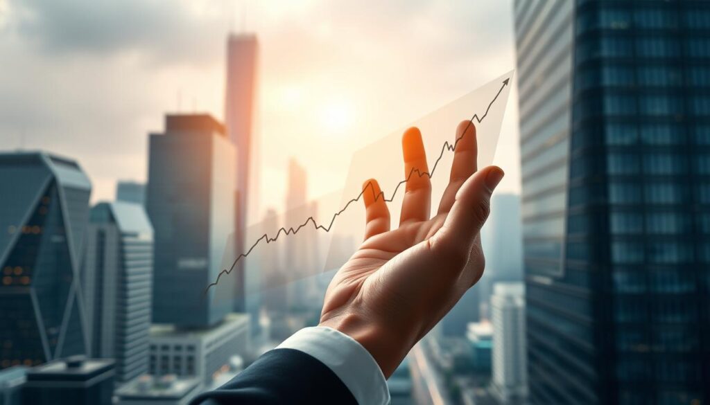 A sophisticated financial landscape, with a central focus on a hand holding a stock chart against a backdrop of skyscrapers and bustling cityscape. The chart displays a mix of upward and downward trending lines, symbolizing the dynamic nature of stock investments. Soft, warm lighting illuminates the scene, creating an atmosphere of thoughtful contemplation. The composition emphasizes the balance between risk and reward, with the hand serving as a metaphor for the active role an investor must play in making informed decisions. The overall tone conveys a sense of strategic planning and careful analysis, aligning with the article's focus on investment strategies and selection criteria.