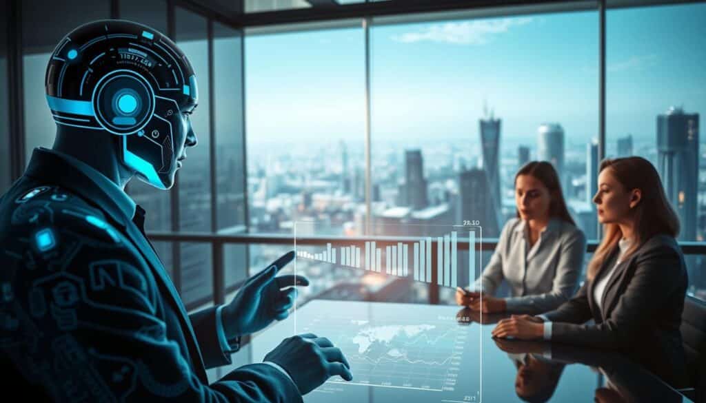 A sophisticated, futuristic scene depicting the seamless integration of artificial intelligence within financial planning. In the foreground, a virtual assistant powered by AI algorithms analyzes financial data and offers personalized investment strategies on a sleek, holographic display. In the middle ground, a team of financial planners collaborates with the AI system, their faces illuminated by the soft, ambient light. In the background, a panoramic view of a gleaming, high-tech cityscape symbolizes the modernization and automation of the finance industry. The scene is bathed in a cool, technologically-advanced color palette, conveying a sense of efficiency, precision, and the transformative power of AI in financial planning.