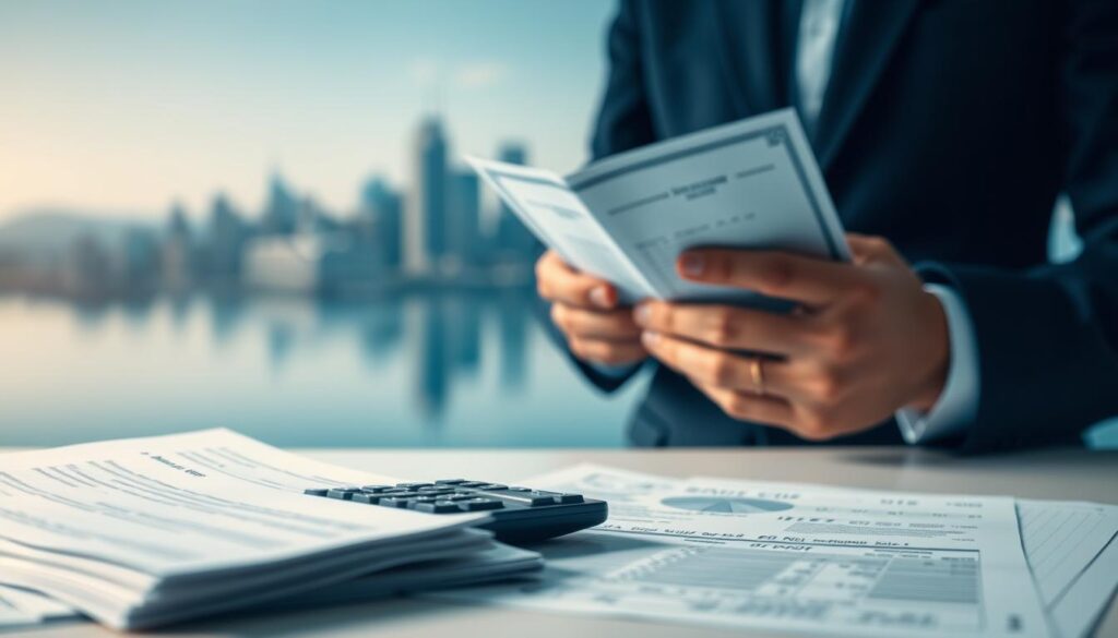 A sophisticated, minimalist composition depicting the nuances of bond investment. In the foreground, a stack of financial documents and a calculator, symbolizing the analytical aspects. In the middle ground, a pair of hands carefully examining a bond certificate, conveying the thoughtful decision-making process. The background features a serene, blurred cityscape, evoking a sense of stability and long-term perspective. The lighting is soft and diffused, creating a contemplative mood. The camera angle is slightly elevated, lending a sense of authority and professionalism to the scene. Subtle blue and gold tones throughout, reflecting the reliable and lucrative nature of bond investments.