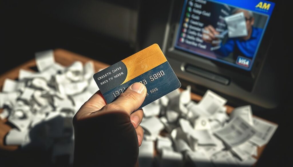 A sophisticated, realistic depiction of common credit card usage mistakes. In the foreground, a person's hand holding a credit card, appearing worn and smudged, symbolizing careless handling. The middle ground shows scattered receipts, crumpled and disorganized, hinting at poor record-keeping. In the background, a blurred, distorted ATM screen displays confusing menus, suggesting a lack of understanding of card features. The lighting is stark, casting long shadows to convey a sense of unease. The overall composition suggests a cautionary tale about the importance of responsible credit card management.