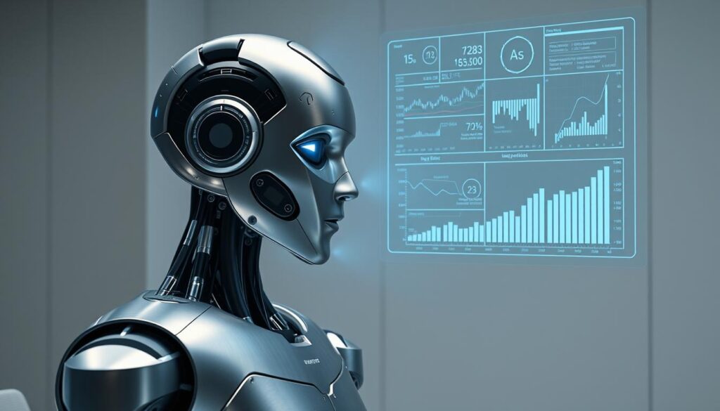 A sophisticated robotic financial advisor, its metallic frame adorned with sleek, brushed aluminum panels. A holographic display projects intricate investment models and data visualizations, reflecting the AI's analytical prowess. The robot is situated in a minimalist, high-tech office setting, bathed in soft, indirect lighting that creates a sense of calm and professionalism. The scene conveys the seamless integration of cutting-edge technology and personalized financial guidance, offering a glimpse into the future of automated investment management.