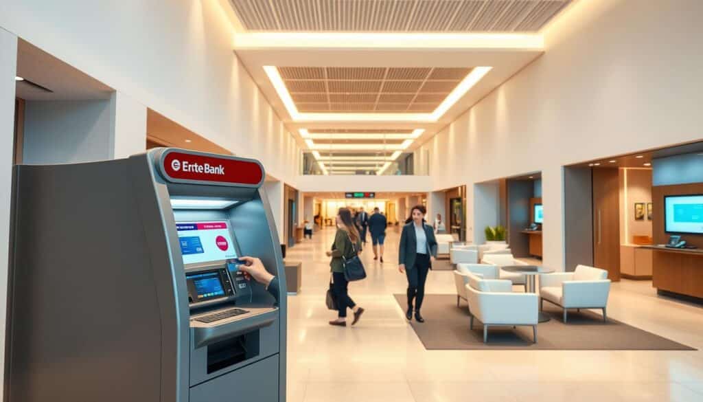 A spacious, well-lit bank lobby with a modern, minimalist design. In the foreground, a person stands at an Erste Bank ATM, inserting their debit card and making a cash withdrawal. The transaction is shown in detail, with the ATM screen interface clearly visible. The middle ground features other customers moving through the space, lending a sense of activity and banking ambiance. In the background, the clean, geometric architecture and stylish furnishings create a sophisticated, professional atmosphere. Soft, directional lighting casts a warm, inviting glow over the scene, emphasizing the ease and convenience of using an Erste Bank Visa Debit card for international cash withdrawals.