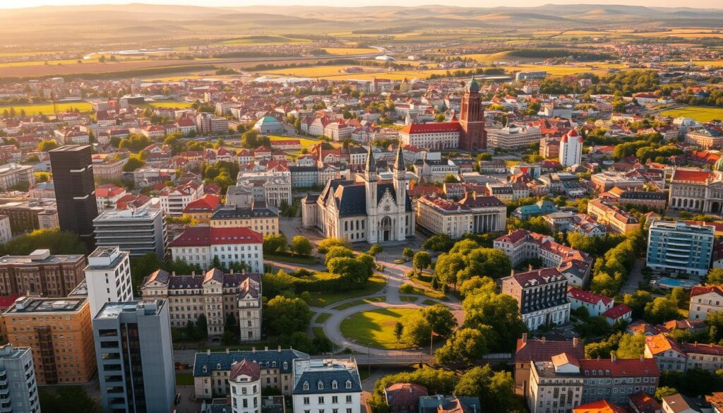 A sprawling cityscape of Vilnius, Lithuania, bathed in warm, golden afternoon light. In the foreground, a diverse array of investment properties stand tall - modern high-rises, historic residential buildings, and bustling commercial centers. The middle ground reveals lush green parks, winding streets, and the iconic spires of Vilnius Cathedral, conveying a sense of tradition and stability. In the background, the rolling hills of the Lithuanian countryside stretch out, hinting at the abundance of natural resources and rural investment opportunities. The scene exudes an air of prosperity, growth, and reliability, capturing the essence of trustworthy investment classes within Lithuania.