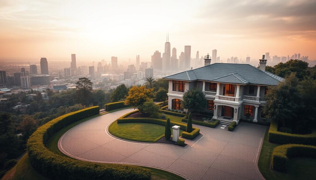 A sprawling modern metropolis, its skyline dotted with towering glass and steel structures, serves as the backdrop for a focus on personal finance decisions. In the foreground, a meticulously rendered residential property commands attention, its elegant architecture and lush landscaping reflecting the care and consideration put into this significant investment. Warm, diffused lighting bathes the scene, creating a sense of tranquility and thoughtful contemplation. Subtle yet impactful details, such as carefully manicured hedges, a winding driveway, and a well-appointed entryway, convey the importance of informed decision-making when it comes to real estate and personal finance. The overall atmosphere evokes a sense of responsible planning, financial stability, and the pursuit of a balanced, fulfilling lifestyle.