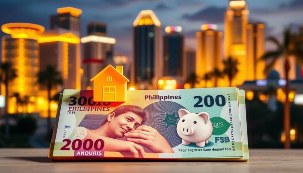 A stack of Philippine peso bills, with a house icon and piggy bank symbolizing savings and emergency fund, illuminated by warm, golden lighting. In the background, a vibrant cityscape with modern skyscrapers and palm trees, suggesting the urban setting of the Philippines. The composition evokes a sense of financial security, stability, and the importance of building a personal emergency fund for unexpected challenges.