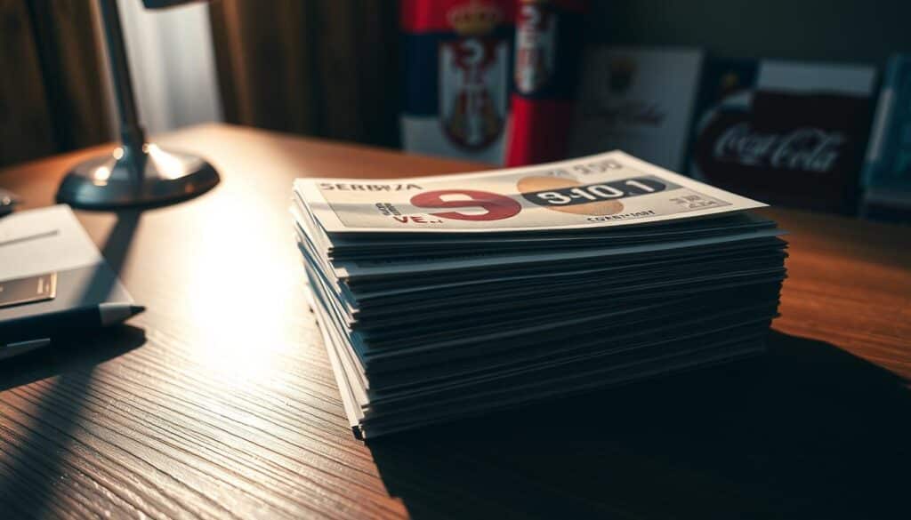A stack of Serbian government bonds lies on a wooden desk, casting soft shadows under a warm, directional light. The bonds are neatly arranged, their metallic foil edges gleaming. In the background, the Serbian coat of arms and national flag are subtly visible, hinting at the patriotic nature of this investment. The overall mood is one of stability, reliability, and quiet confidence - qualities that embody the essence of investing in Serbian state securities. The camera angle is slightly elevated, giving the viewer a sense of authority and assurance in this financial instrument.