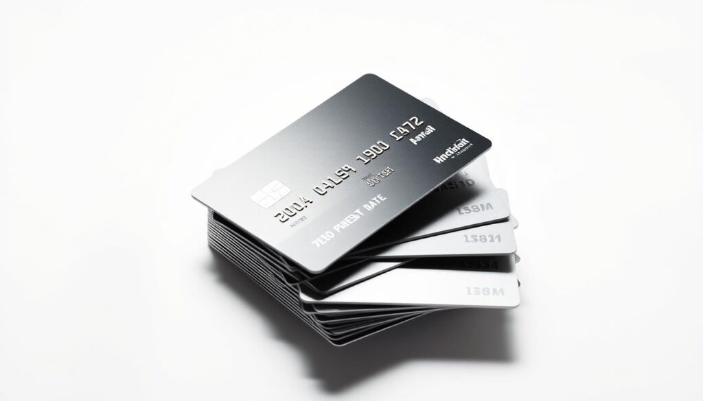 A stack of credit cards with zero percent interest rates, meticulously arranged against a clean, minimalist background. The cards are lit from above, casting soft shadows that accentuate their sleek, metallic surfaces. The composition emphasizes the idea of financial strategy, with the cards forming a visually striking and organized pattern. The overall mood is one of calculated efficiency, highlighting the importance of leveraging interest-free periods to optimize personal finance.