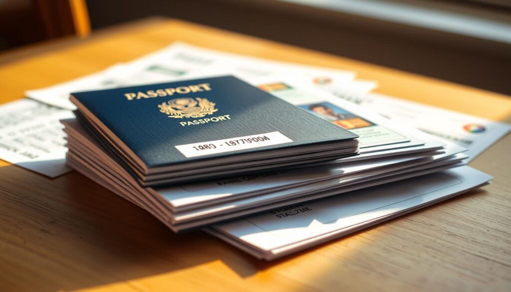 A stack of official documents including a passport, national ID, payslips, and bank statements laid out on a wooden table, illuminated by warm, natural lighting. The documents are neatly arranged, suggesting organization and attention to detail. The background is slightly blurred, keeping the focus on the essential paperwork required for a credit card application. The overall mood is one of professionalism and preparedness, conveying the importance of having the necessary documentation ready for a successful credit card application process. A stack of official documents including a passport, national ID, payslips, and bank statements laid out on a wooden table, illuminated by warm, natural lighting. The documents are neatly arranged, suggesting organization and attention to detail. The background is slightly blurred, keeping the focus on the essential paperwork required for a credit card application. The overall mood is one of professionalism and preparedness, conveying the importance of having the necessary documentation ready for a successful credit card application process.