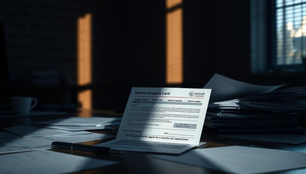 A starkly illuminated office desk, the surface scattered with scattered documents, a pen, and a rejected bank card application form prominently displayed. The lighting is dramatic, casting sharp shadows and highlighting the frustrated, dejected mood. The background is blurred, drawing the viewer's attention to the central scene. The composition is balanced, with the application form occupying a central position, surrounded by the other desk items. The overall tone is one of disappointment and bureaucratic frustration, reflecting the common reasons for bank card application rejections.