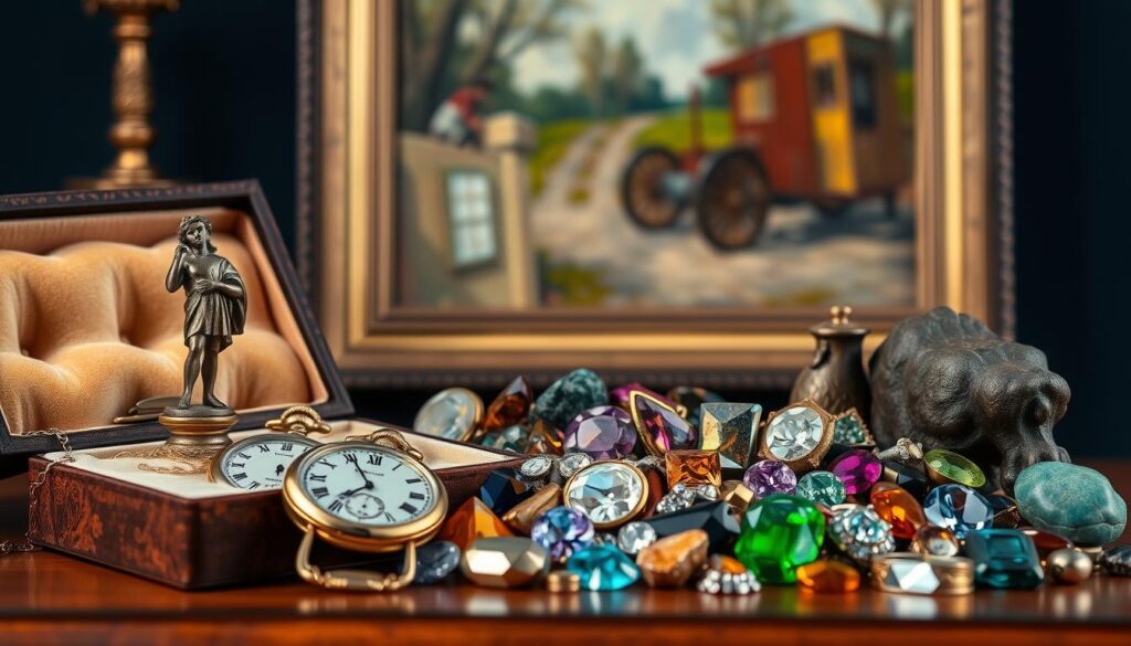A still life arrangement showcasing a diverse array of alternative investment options. In the foreground, a finely crafted bronze sculpture and an ornate pocket watch rest upon a plush, velvet-lined display case. In the middle ground, a collection of rare, colorful gemstones and precious metals are meticulously arranged, their facets catching the soft, diffused light from an unseen source. The background features an impressionistic painting, its bold brushstrokes and vibrant hues suggesting the artistic and emotional value of art as an alternative investment. The overall scene conveys a sense of refined elegance, exclusivity, and the potential for alternative assets to provide both financial and cultural value.