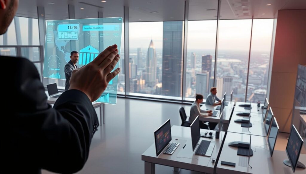 A striking digital banking scene in a sleek, modern setting. In the foreground, a person interacts with a holographic display, their hands effortlessly manipulating virtual bank transactions. The middle ground features rows of high-tech workstations, where bank employees collaborate on advanced financial technologies. In the background, a towering glass facade offers a panoramic view of a bustling city skyline, symbolizing the digital transformation of the banking industry. Soft, diffused lighting creates an atmosphere of innovation and efficiency, while clean, geometric lines and minimalist design elements convey a sense of sophistication and progress. This image captures the essence of the future of digital banking in Serbia. A striking digital banking scene in a sleek, modern setting. In the foreground, a person interacts with a holographic display, their hands effortlessly manipulating virtual bank transactions. The middle ground features rows of high-tech workstations, where bank employees collaborate on advanced financial technologies. In the background, a towering glass facade offers a panoramic view of a bustling city skyline, symbolizing the digital transformation of the banking industry. Soft, diffused lighting creates an atmosphere of innovation and efficiency, while clean, geometric lines and minimalist design elements convey a sense of sophistication and progress. This image captures the essence of the future of digital banking in Serbia.