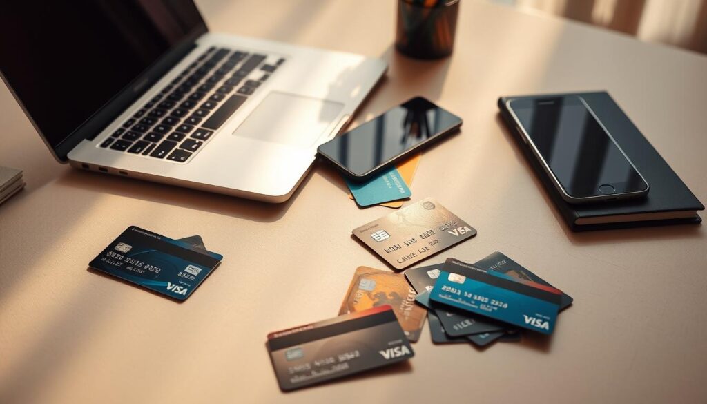 A study desk with a laptop, smartphone, and scattered bank cards, set against a soft, neutral background. The cards are well-worn, showcasing the experiences of different students. Warm, natural lighting highlights the details, creating a contemplative atmosphere. The composition captures the essence of student banking reviews, inviting the viewer to imagine the personal stories behind the cards.