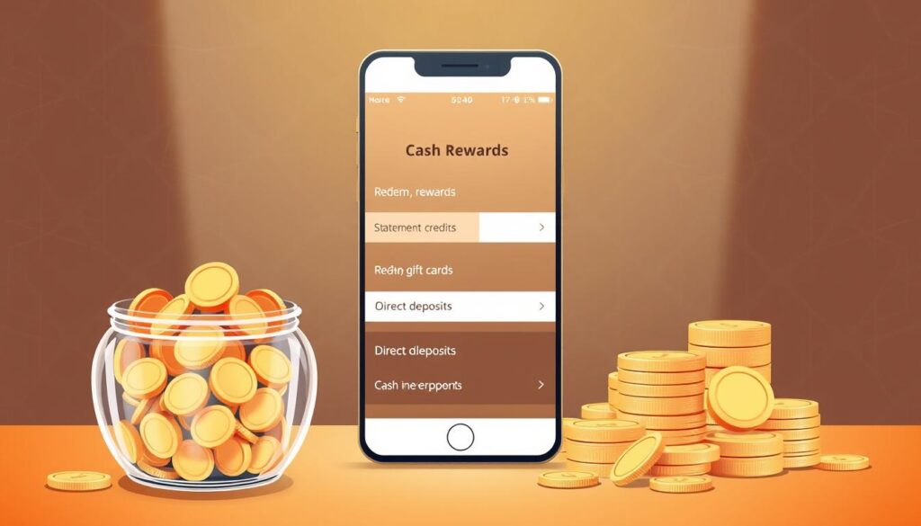 A stylish and modern illustration showcasing various redemption options for cash rewards. In the foreground, an elegant glass jar filled with gold coins symbolizes the accumulated rewards. In the middle ground, a sleek smartphone display depicts a user interface with clear options to redeem the rewards for statement credits, gift cards, or direct deposits. The background features a subtle pattern of interlocking shapes and lines, creating a sense of organization and structure. The overall composition is well-balanced, with warm lighting and a sophisticated color palette, conveying a professional and polished visual experience. A stylish and modern illustration showcasing various redemption options for cash rewards. In the foreground, an elegant glass jar filled with gold coins symbolizes the accumulated rewards. In the middle ground, a sleek smartphone display depicts a user interface with clear options to redeem the rewards for statement credits, gift cards, or direct deposits. The background features a subtle pattern of interlocking shapes and lines, creating a sense of organization and structure. The overall composition is well-balanced, with warm lighting and a sophisticated color palette, conveying a professional and polished visual experience.