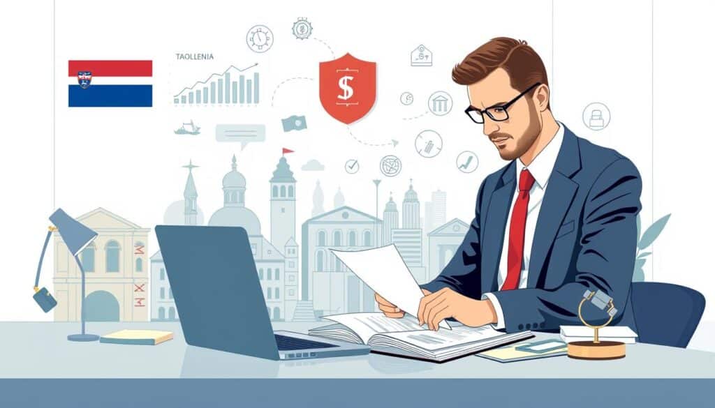 A stylish and professional illustration showcasing the financial and legal implications of investments in Slovenia. Set in a clean, modern office environment, the foreground features a businessman in a suit carefully reviewing investment documents on his desk, with a laptop and other financial paraphernalia nearby. The middle ground depicts various financial charts, graphs, and icons representing the diverse investment landscape. The background subtly incorporates Slovenian architectural elements and the national flag, conveying a sense of the local context. The lighting is soft and uniform, creating an atmosphere of thoughtfulness and diligence. The overall composition aims to visually communicate the complexities and considerations around tax implications and legal matters that investors in Slovenia must navigate.