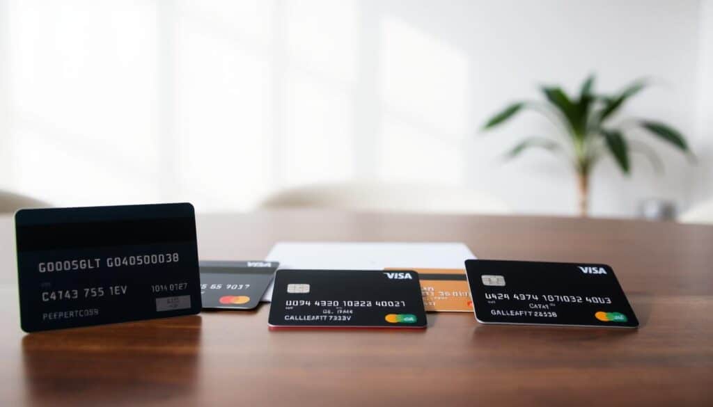 A stylish and well-organized table displaying a variety of credit card options. In the foreground, several credit cards are neatly arranged, showcasing their distinct designs and features. The middle ground features a clean, minimalist background, allowing the cards to take center stage. Soft, natural lighting illuminates the scene, creating a sense of sophistication and clarity. The overall composition conveys a sense of careful consideration, guiding the viewer to thoughtfully evaluate their credit card needs and preferences. A stylish and well-organized table displaying a variety of credit card options. In the foreground, several credit cards are neatly arranged, showcasing their distinct designs and features. The middle ground features a clean, minimalist background, allowing the cards to take center stage. Soft, natural lighting illuminates the scene, creating a sense of sophistication and clarity. The overall composition conveys a sense of careful consideration, guiding the viewer to thoughtfully evaluate their credit card needs and preferences.