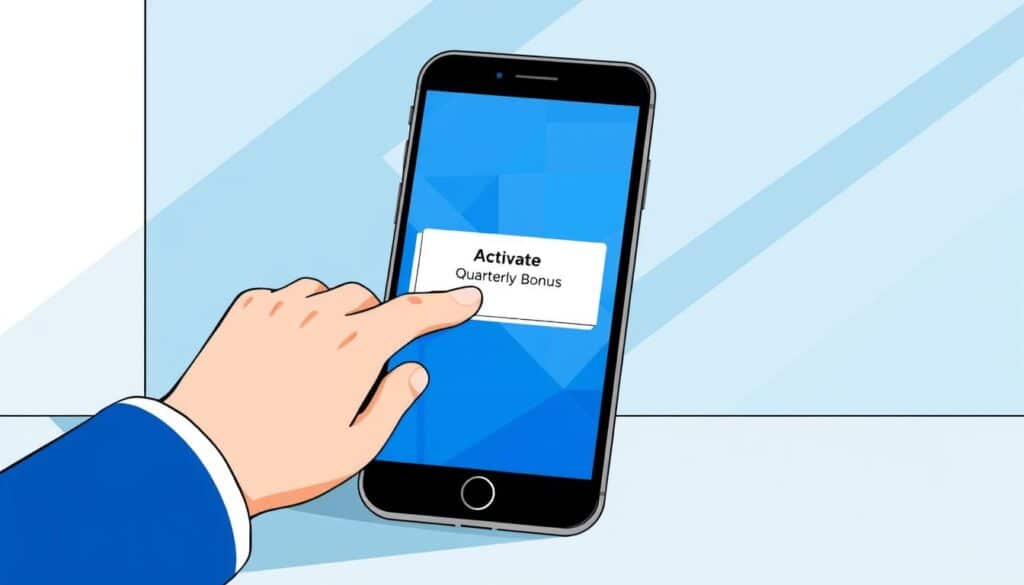 A stylized illustration depicting the Chase app activation process. The foreground features a smartphone displaying the Chase app's main interface, with a clear "Activate Quarterly Bonus" button prominently displayed. In the middle ground, a hand is tapping the button, emphasizing the interactive nature of the activation. The background showcases a modern, minimalist design with Chase's signature blue and white color scheme, creating a clean and professional atmosphere. The lighting is soft and directional, casting subtle shadows that add depth and dimension to the scene. The overall composition conveys a sense of simplicity and user-friendliness, reflecting the ease of activating the Chase app's quarterly bonus categories.