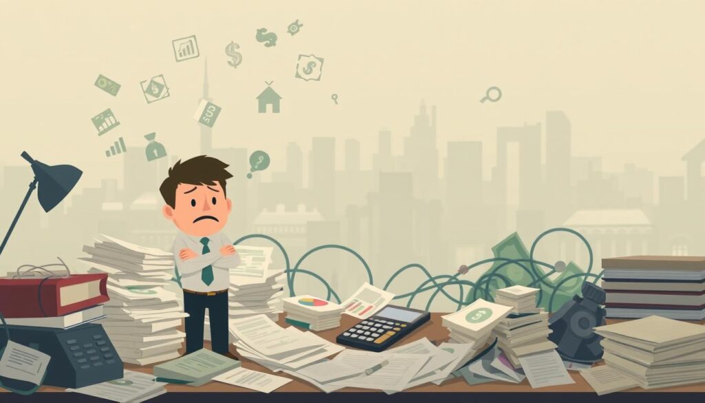 A stylized illustration depicting the most common financial planning mistakes. In the foreground, a worried figure stands amidst a cluttered desktop, surrounded by piles of papers, a calculator, and a frustrated expression. The middle ground showcases various financial icons, such as charts, graphs, and currency symbols, all tangled and disorganized. In the background, a hazy, muted cityscape suggests the broader context of personal and family financial management. The lighting is soft, with a slightly muted color palette to convey a sense of contemplation and concern. The overall tone is one of complexity, confusion, and the need for a more structured, thoughtful approach to financial planning. A stylized illustration depicting the most common financial planning mistakes. In the foreground, a worried figure stands amidst a cluttered desktop, surrounded by piles of papers, a calculator, and a frustrated expression. The middle ground showcases various financial icons, such as charts, graphs, and currency symbols, all tangled and disorganized. In the background, a hazy, muted cityscape suggests the broader context of personal and family financial management. The lighting is soft, with a slightly muted color palette to convey a sense of contemplation and concern. The overall tone is one of complexity, confusion, and the need for a more structured, thoughtful approach to financial planning.
