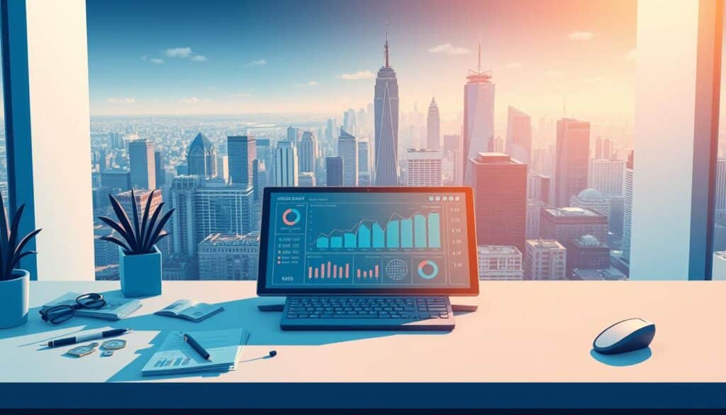 A stylized illustration of the structure and commission fees for stockbrokers, featuring a detailed financial dashboard displayed on a sleek, minimalist desk. In the foreground, various financial instruments like stocks, bonds, and currency exchange rates are neatly arranged, casting soft shadows. The middle ground showcases a sophisticated analytics interface with charts, graphs, and numerical data, all rendered in a cool, technocratic color palette. In the background, a panoramic view of a bustling financial district, with towering skyscrapers and a glowing cityscape, creates a sense of scale and importance. Warm, directional lighting from the side accentuates the depth and dimensionality of the scene, evoking a professional, authoritative atmosphere.