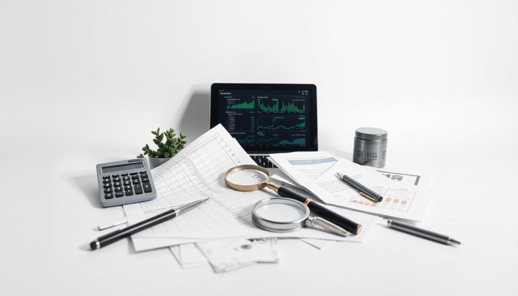 A stylized still life composition featuring an assortment of investment and financial planning tools arranged against a minimalist background. The foreground showcases a variety of objects such as a calculator, graph paper, a magnifying glass, a pen, and various documents. The middle ground includes a sleek tablet or laptop displaying financial data. The background has a clean, monochromatic color palette, with subtle textures or gradients to create a sense of depth and focus on the central elements. The lighting is soft and directional, creating dramatic shadows and highlights that accentuate the forms and materials of the objects. The overall mood is one of thoughtful contemplation and careful financial decision-making.