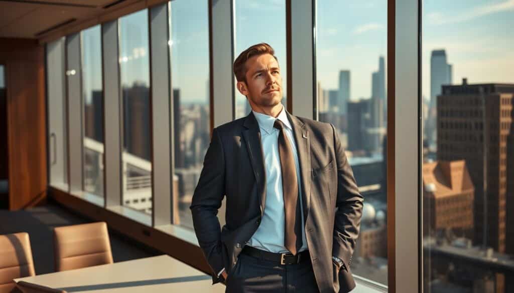 A successful investor standing confidently in a sleek, modern office. Warm, natural lighting filters through large windows, casting a soft glow. The investor, dressed impeccably in a tailored suit, gazes thoughtfully out the window, one hand resting on a polished desk. Behind them, the cityscape of a bustling financial district stretches out, symbolizing their acumen and prosperity. The investor's expression conveys a sense of calm control, embodying the mindset of someone who has mastered the art of strategic, profitable investing.