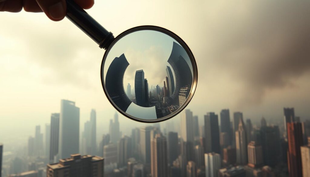 A surreal and thought-provoking scene depicting the concept of "cognitive bias". In the foreground, a distorted magnifying glass hovers, refracting and warping the world around it. The middle ground features a disjointed, fragmented cityscape, with skyscrapers and structures bending and twisting in impossible ways. The background is shrouded in a hazy, dreamlike atmosphere, with muted colors and a sense of disorientation. Cinematic lighting casts dramatic shadows, emphasizing the distorted, unsettling nature of the scene. The overall mood is one of uncertainty, confusion, and the fallibility of perception. The image aims to visually encapsulate the idea of cognitive biases that can influence our decision-making and understanding of the world.